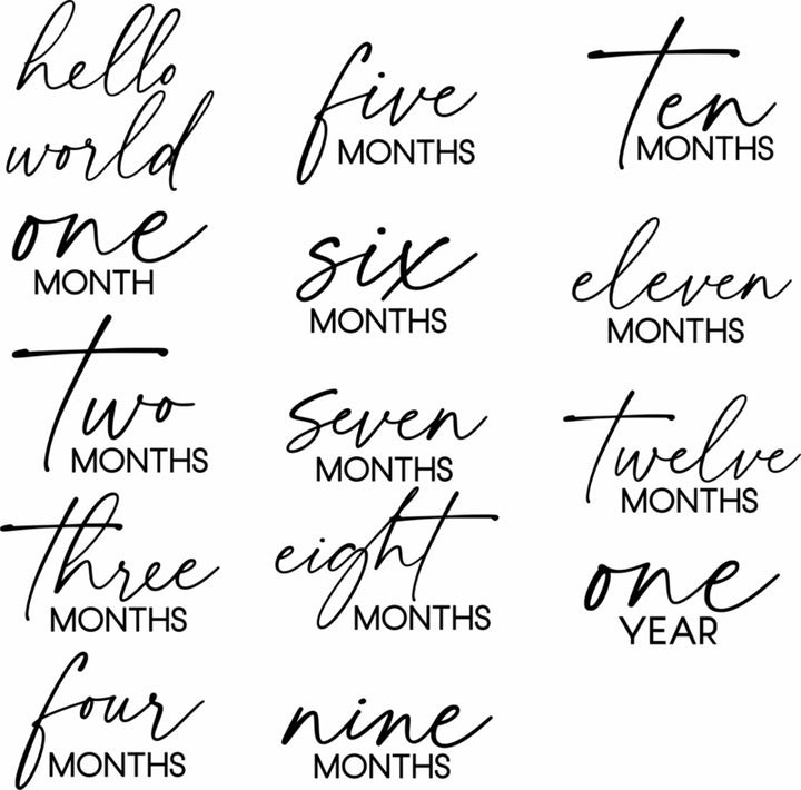 Overzicht van alle mijlpaal rompertje designs: hello world, 1–12 months en one year (milestone romper baby)