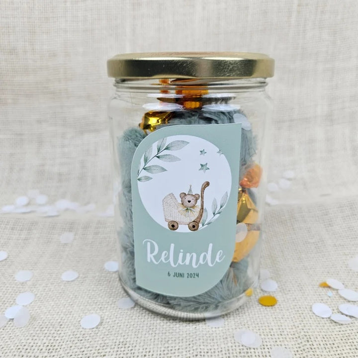 Pot vol Plezier geboorte cadeau in glazen pot met beertje opdruk, personalisatie met naam en geboortedatum, Happy Horse knuffeldoekje