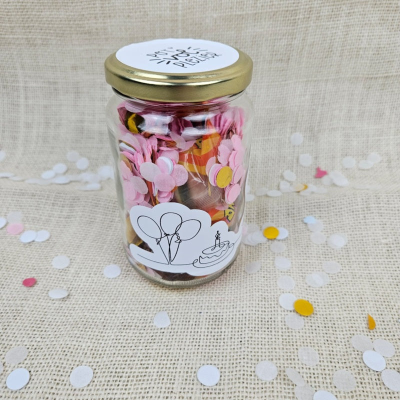 Glazen Pot vol Plezier verjaardag cadeaupot met roze inhoud en confetti, feestelijk verjaardagscadeautje voor kind