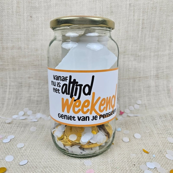 pot vol plezier pensioen cadeau pot vanaf nu is het altijd weekend afscheidscadeau collega pensioen