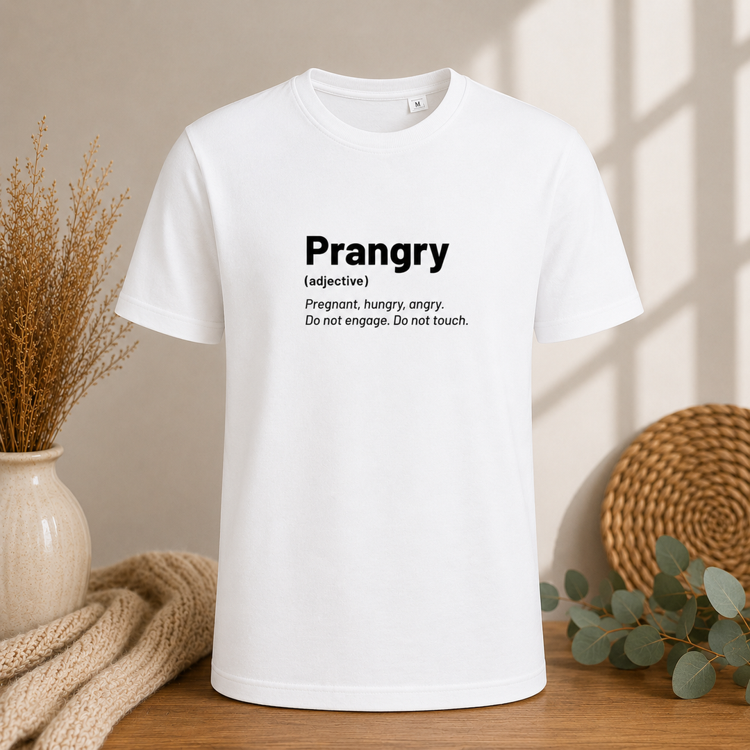 Wit Prangry shirt met grappige zwangerschapstekst, origineel babyshower cadeau voor aanstaande mama