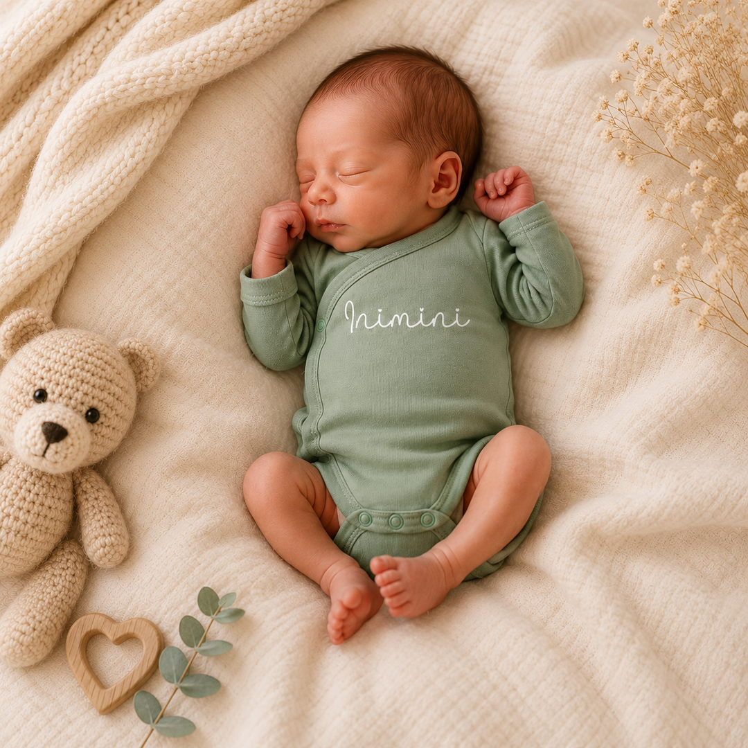Prematuur baby in groene overslag romper maat 44 met tekst “Inimini”, newborn outfit voor prematuur rompertjes