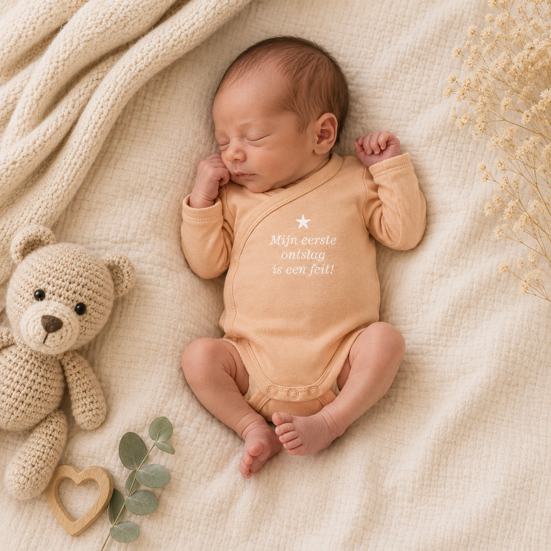 Prematuur baby in romper maat 44 met tekst ‘Mijn eerste ontslag’ – kraamcadeau prematuur en ontslagromper neonatologie