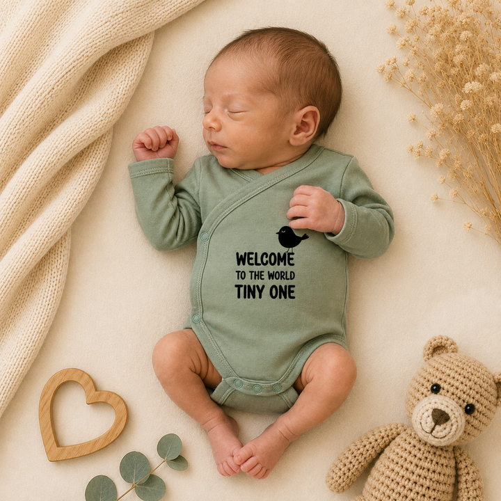 Baby draagt prematuur rompertje maat 44 met overslag en tekst “Welcome tiny one” – lief rompertje prematuur voor neonatologie