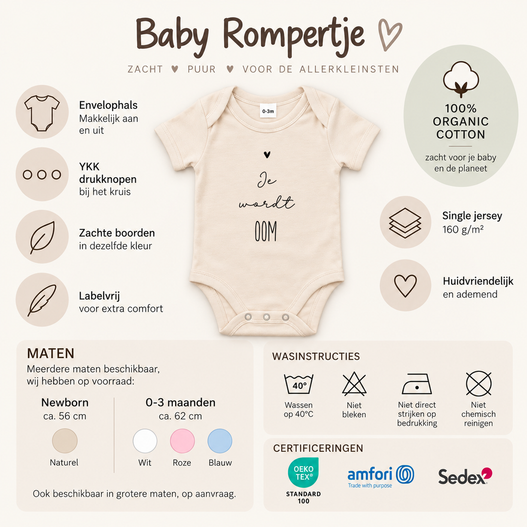 Productinformatie van babyrompertje met materiaal, maten, kleuren en wasinstructies.