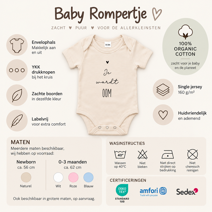 Productinformatie van babyrompertje met materiaal, maten, kleuren en wasinstructies.