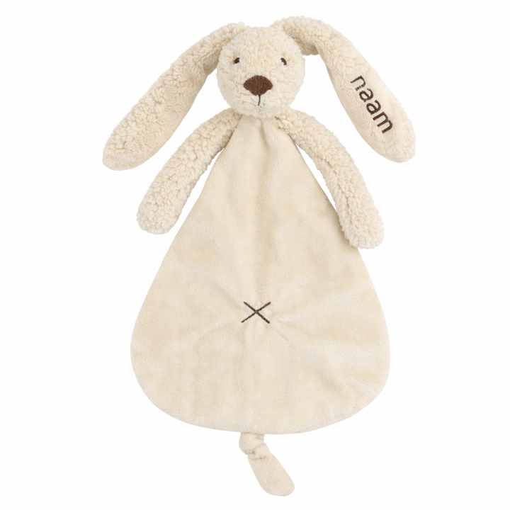 Gepersonaliseerd Happy Horse knuffeldoekje in beige – bedrukt met naam op oor, ideaal kraamcadeau met speenhouder