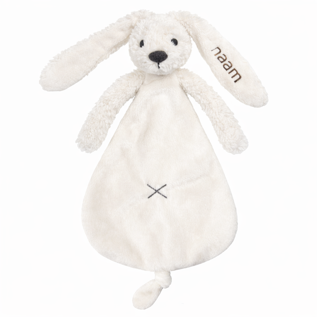 Ivoorkleurig Rabbit Richie knuffeldoekje van Happy Horse met naam op het oor – gepersonaliseerd kraamcadeautje dat door de brievenbus past