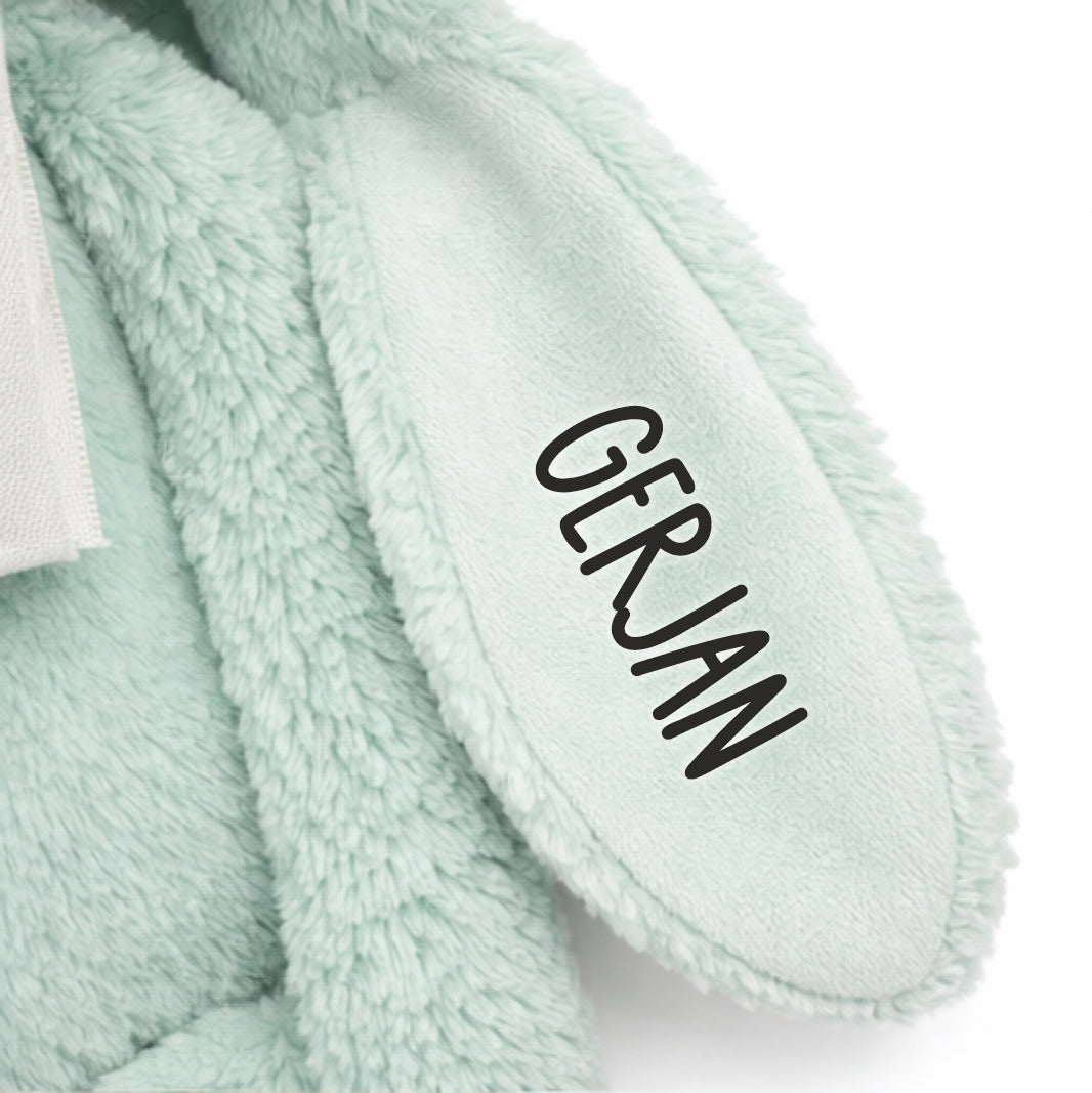 close-up van oortje van Happy Horse Rabbit Richie in lagoon mint met naam op het oortje
