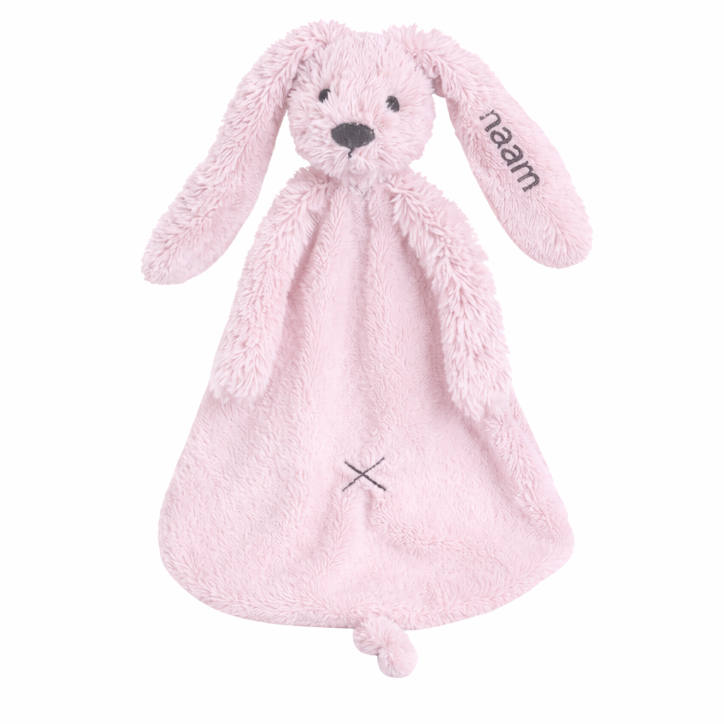 Roze knuffeldoekje van Happy Horse Rabbit Richie – bedrukt met naam op oor, perfect kraamcadeau voor door de brievenbus