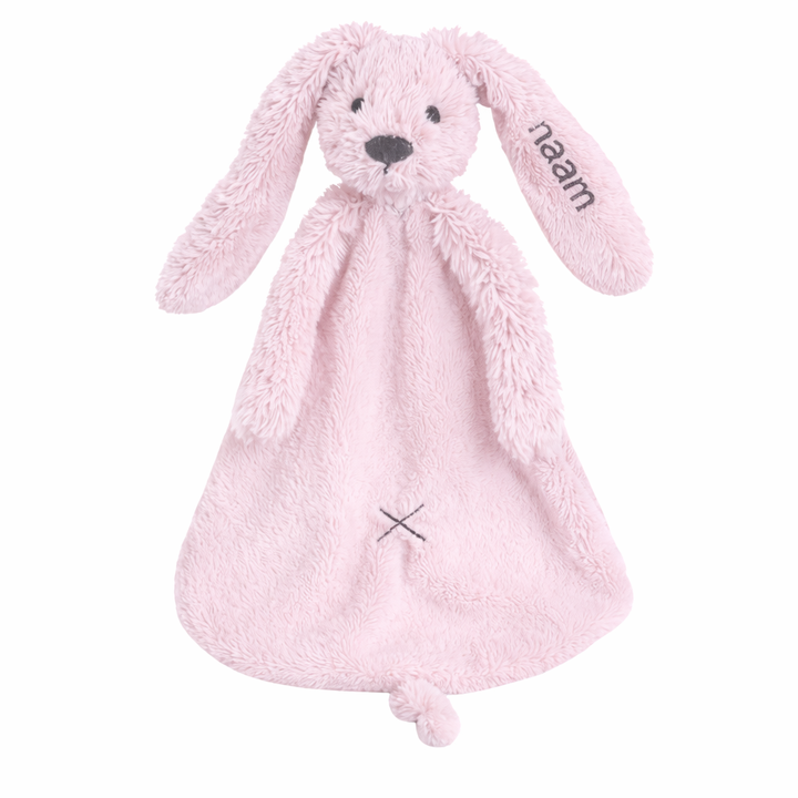Roze knuffeldoekje van Happy Horse Rabbit Richie – bedrukt met naam op oor, perfect kraamcadeau voor door de brievenbus