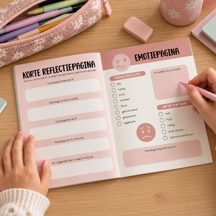 Kind vult een reflectiepagina in over gevoelens, zelfvertrouwen en emotionele ontwikkeling