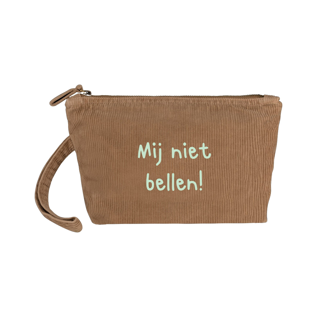 Bruine ribfluwelen etui van GOTS katoen met polsbandje, tekst Mij niet bellen! in mintgroen, make-uptasje met rits