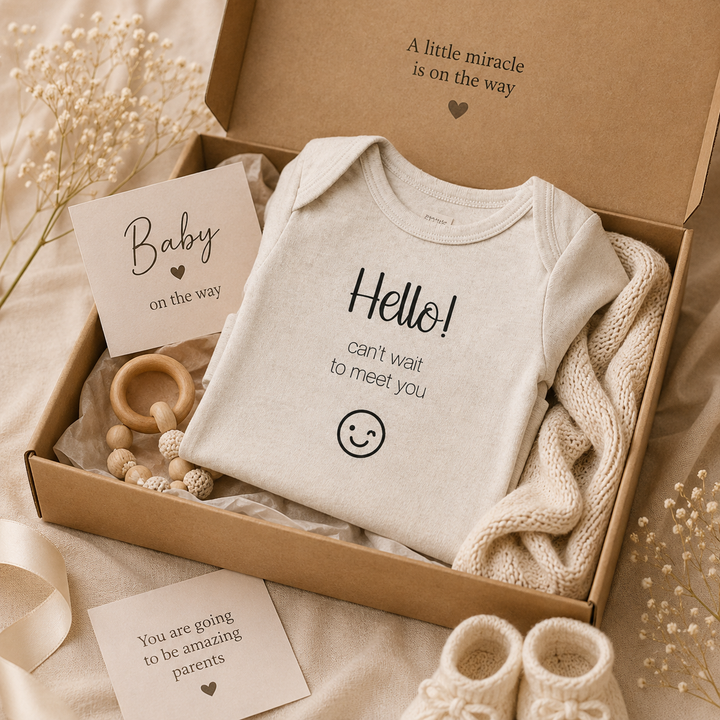 Beige babyrompertje met tekst “Hello! can’t wait to meet you” in cadeau box met bijtring en kaartjes, origineel cadeau voor zwangerschapsaankondiging en babyshower