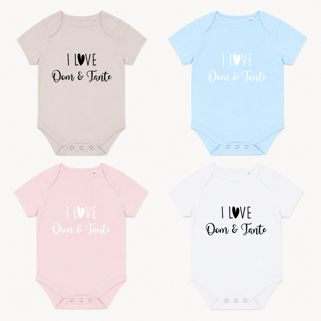 Overzicht rompertje “I love oom & tante” in meerdere kleuren – originele zwangerschapsaankondiging voor oom en tante