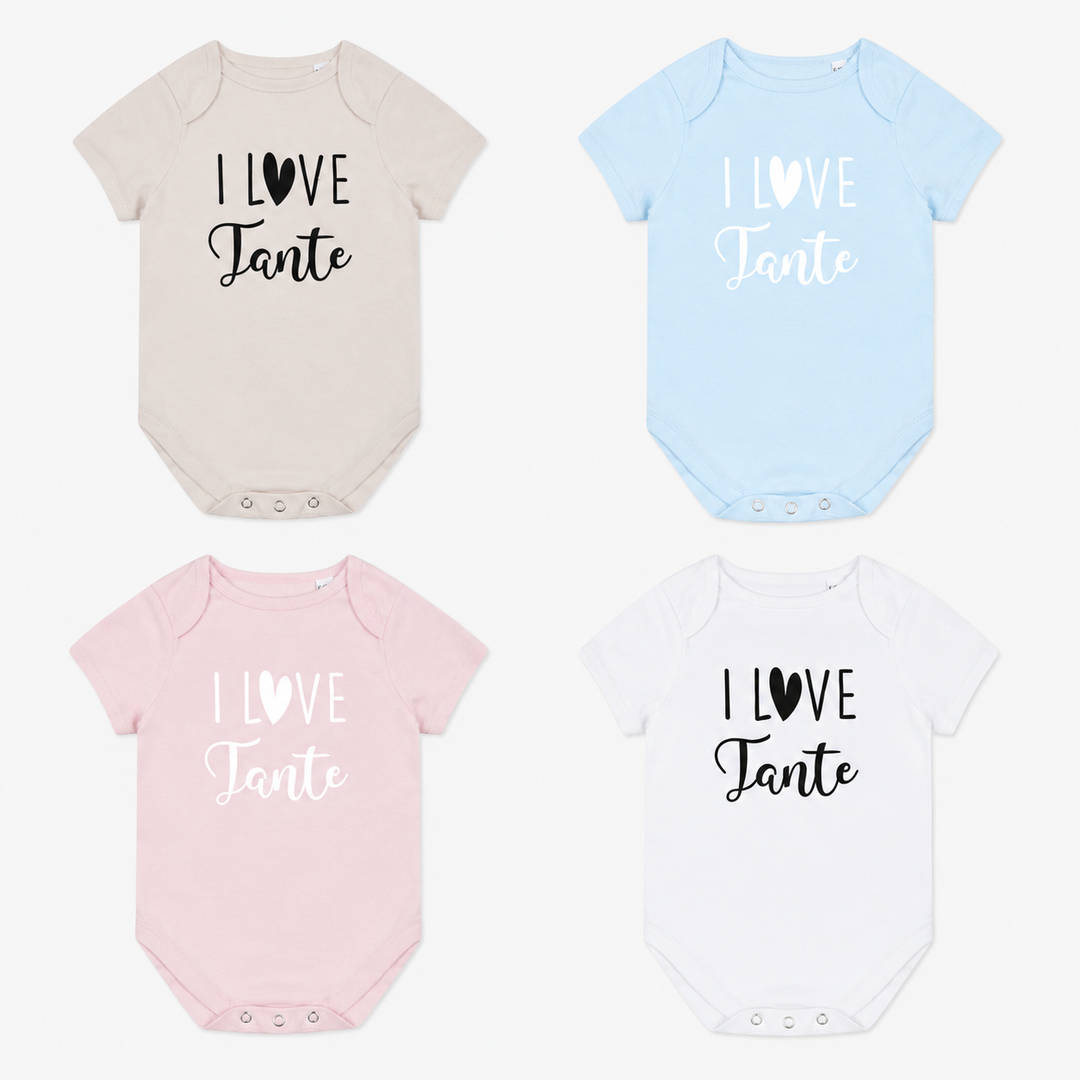 Overzicht rompertje “I love tante” in beige, blauw, roze en wit – leuk kraamcadeau voor tante