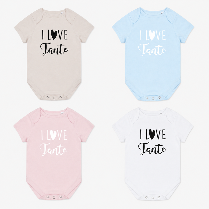 Overzicht rompertje “I love tante” in beige, blauw, roze en wit – leuk kraamcadeau voor tante