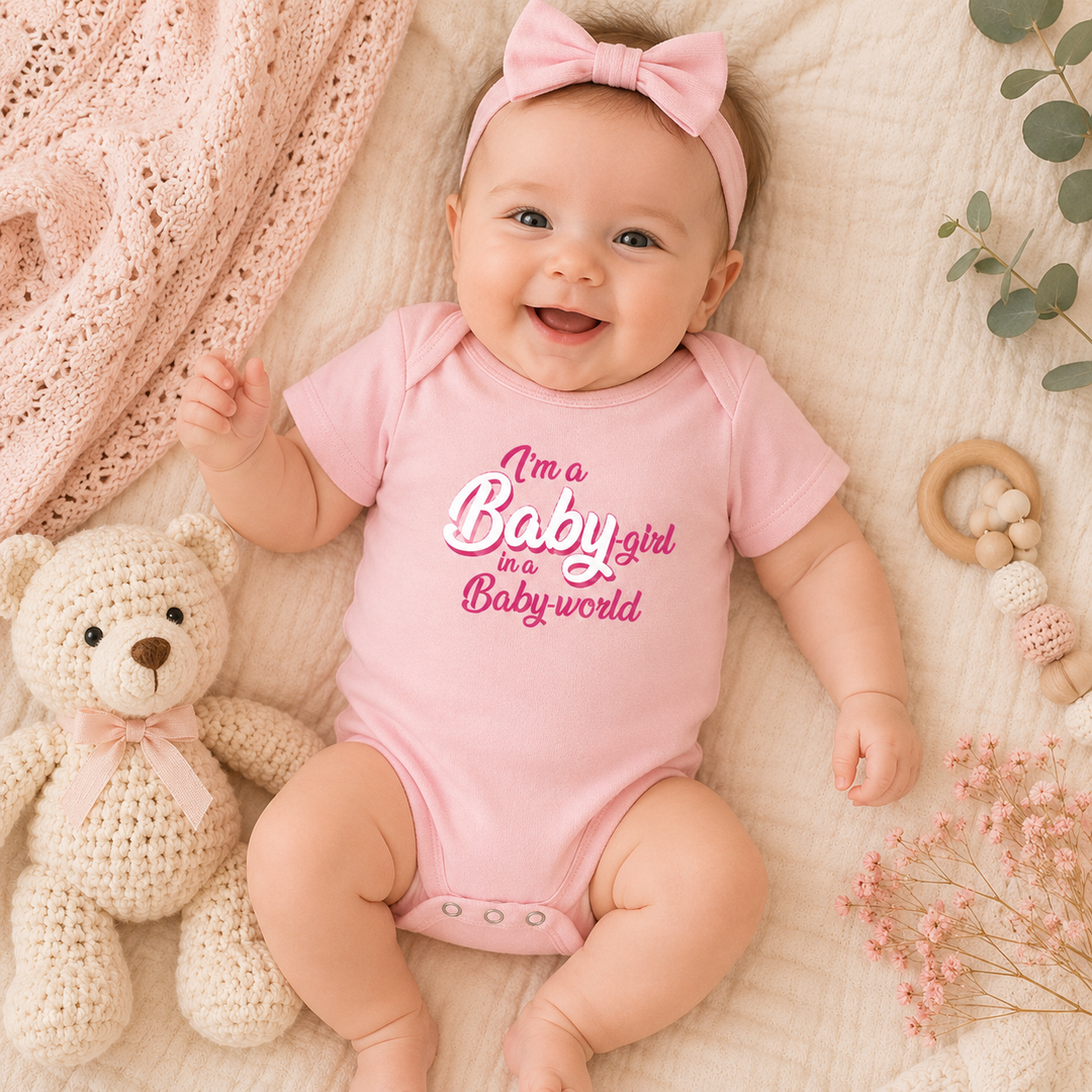 Baby draagt roze rompertje met tekst “I’m a baby girl in a baby-world”, leuk als zwangerschapsaankondiging en kraamcadeau