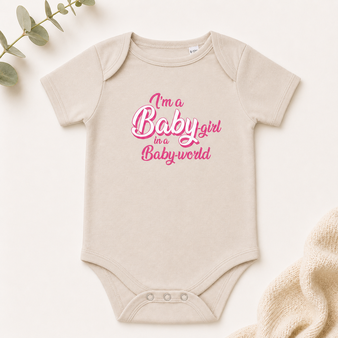 Naturel baby rompertje met tekst “I’m a Barbie girl in a Barbie world” – zwangerschapsaankondiging romper en kraamcadeau