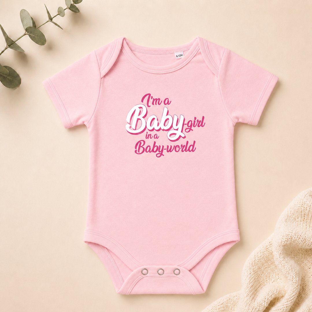 Roze baby rompertje met tekst “I’m a Barbie girl in a Barbie world” – origineel babyshowercadeau en zwangerschapsaankondiging
