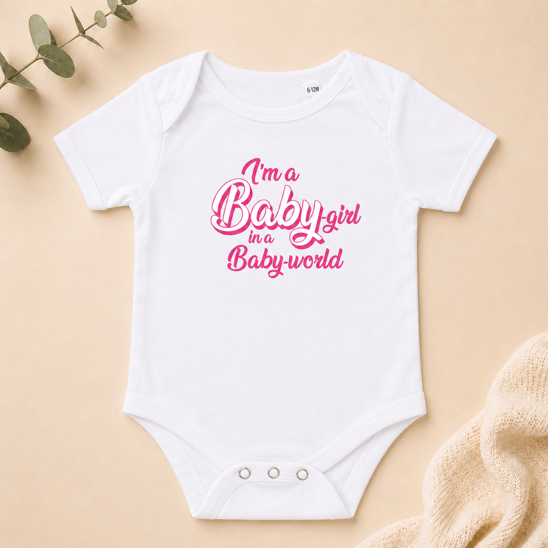 Wit baby rompertje met Barbie quote “I’m a Barbie girl in a Barbie world” – romper met tekst voor zwangerschap aankondigen