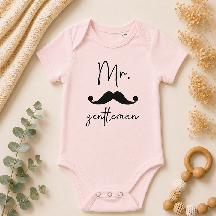 Babyroze rompertje Mr. gentleman met snor en tekst, origineel cadeau voor baby en ouders