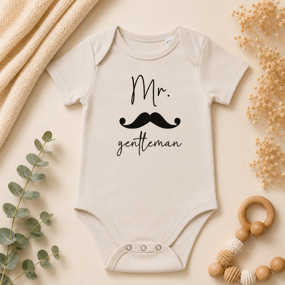 Beige baby rompertje Mr. gentleman met snor en tekst, zwangerschapsaankondiging of kraamcadeau