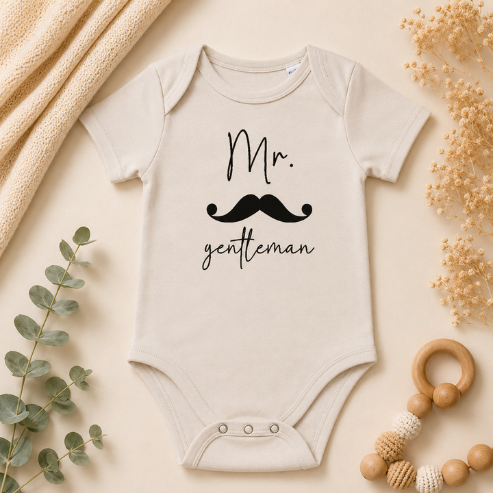 Beige baby rompertje Mr. gentleman met snor en tekst, zwangerschapsaankondiging of kraamcadeau