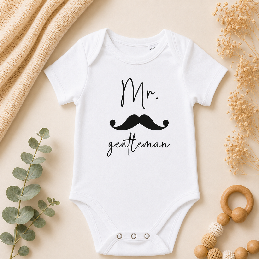 Wit baby rompertje Mr. gentleman met snor en tekst, leuk kraamcadeau voor newborn