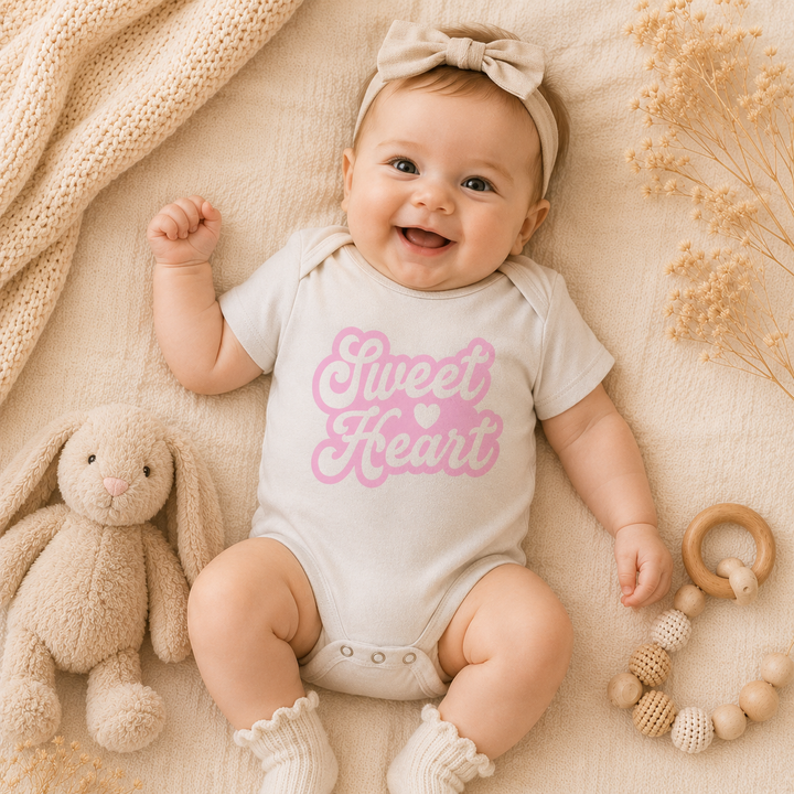 Baby draagt organic rompertje met tekst “Sweet Heart” in neutrale setting, leuk als kraamcadeau of babyshower cadeau