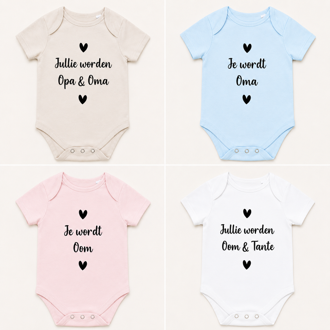 Overzicht van rompertjes “Jullie worden opa & oma” in beige, wit, babyroze en babyblauw, zwangerschapsaankondiging