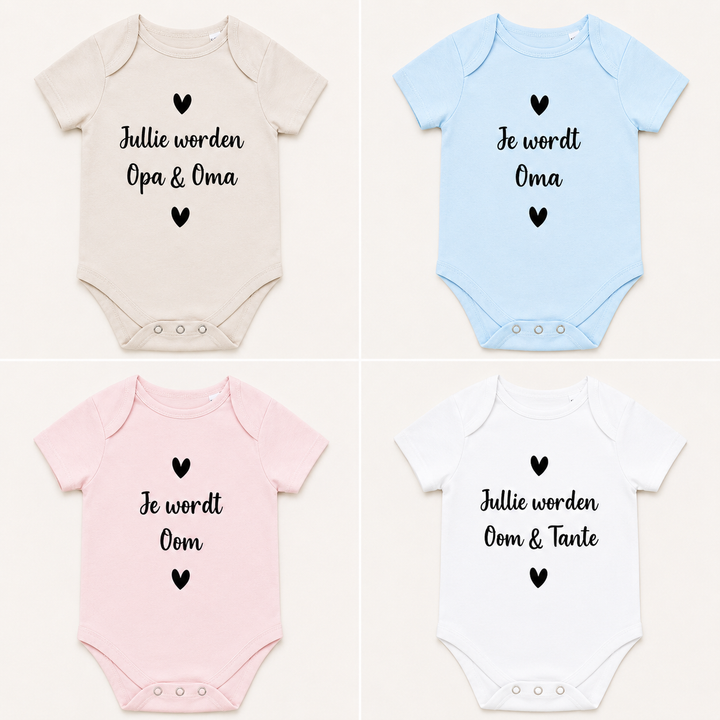 Overzicht van rompertjes “Jullie worden opa & oma” in beige, wit, babyroze en babyblauw, zwangerschapsaankondiging