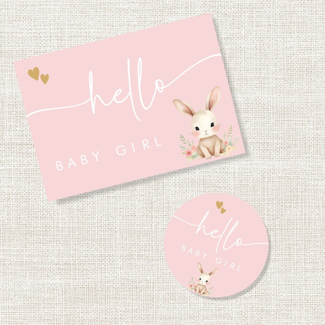 Roze felicitatiekaartje voor de geboorte van een meisje met konijntje en de tekst Hello baby girl