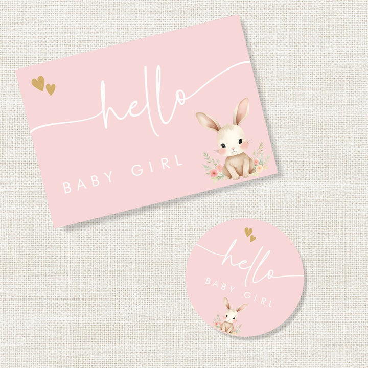 Roze felicitatiekaartje voor de geboorte van een meisje met konijntje en de tekst Hello baby girl