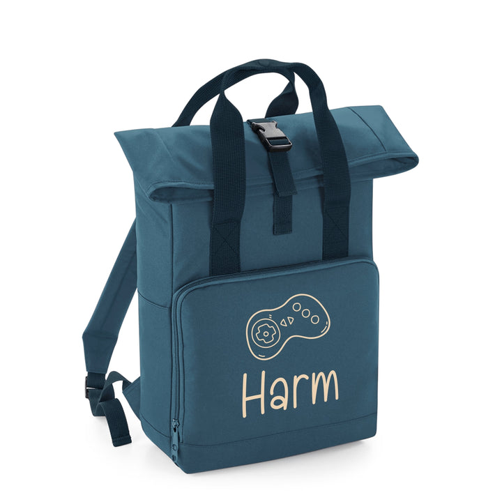 blauwe roll-top rugzak met naam Harm en icoon, gepersonaliseerde schooltas voor kinderen
