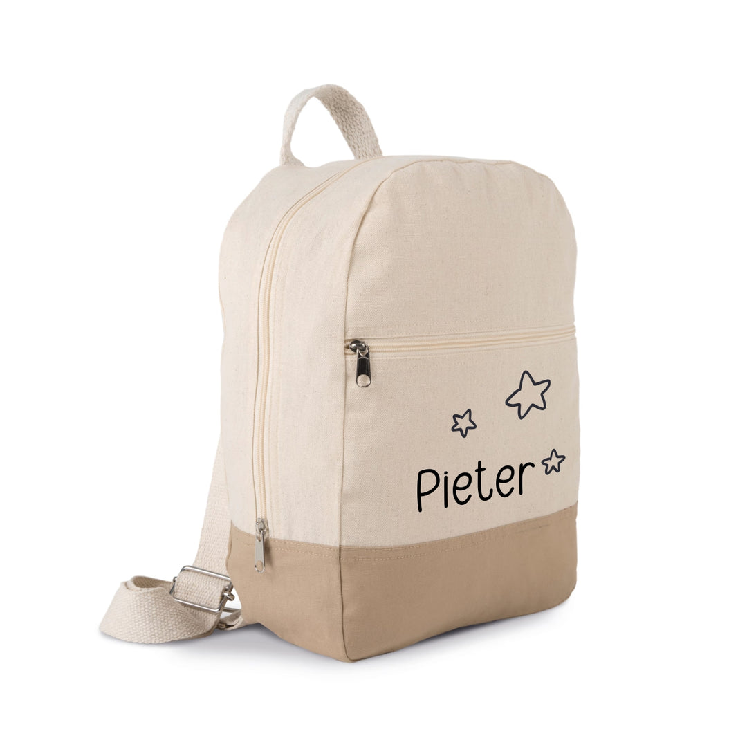 gepersonaliseerde rugzak met naam Pieter en sterretjes icoon in zwarte opdruk, katoenen schooltas kind in ecru met beige bodem