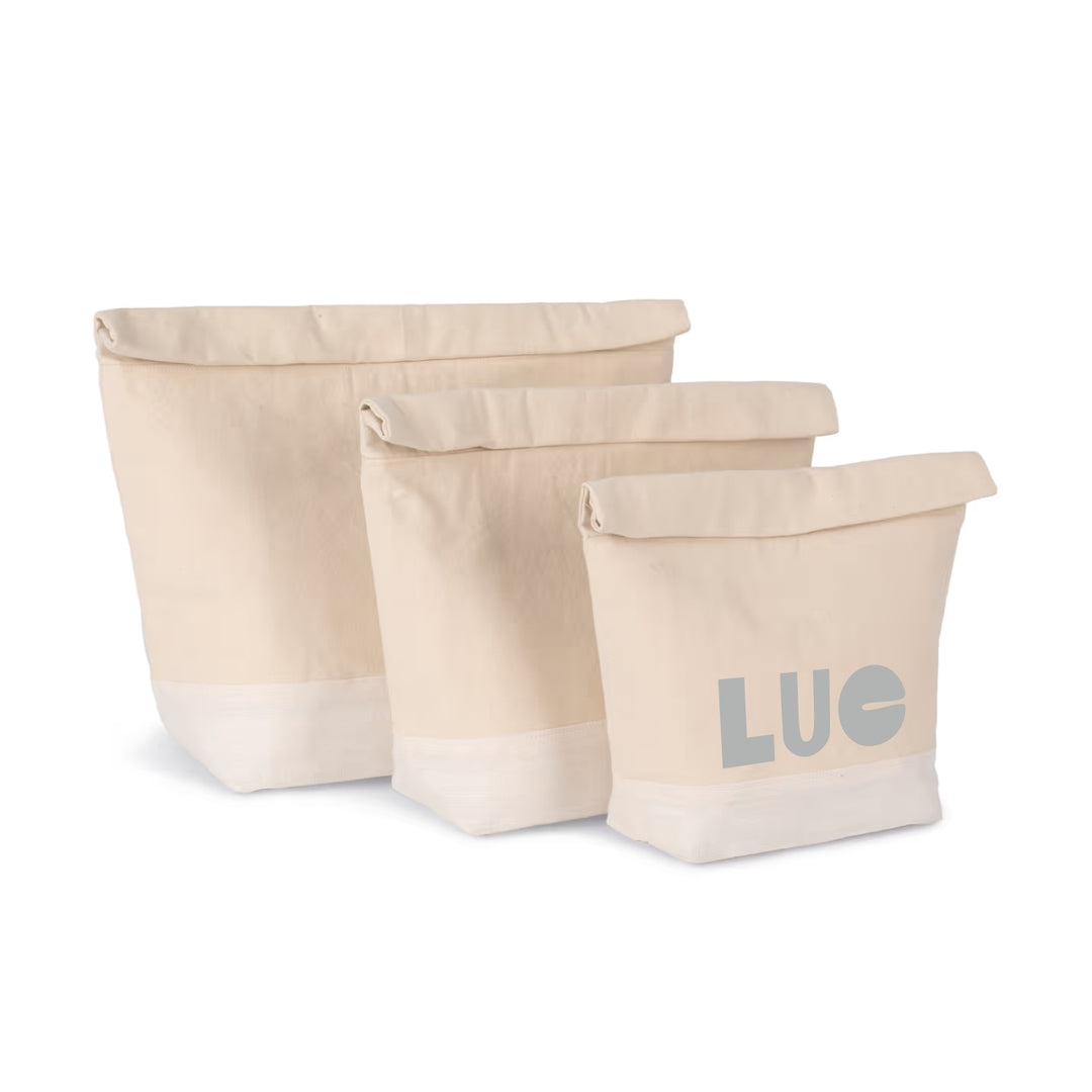 Duurzame set van 3 koeltassen met naam LUC in grijs, gerecycled katoenen koeltas met isolerende PEVA voering en rolsluiting