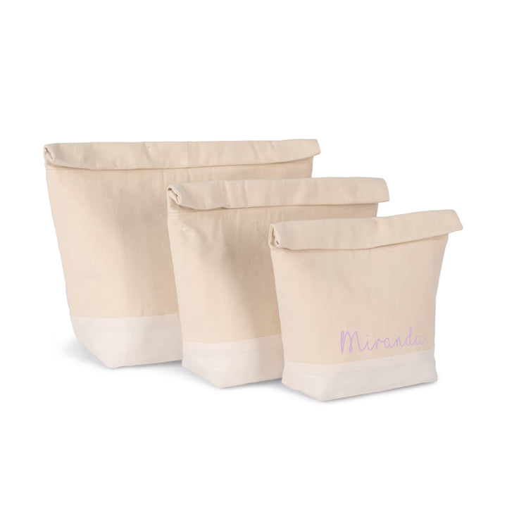 Gepersonaliseerde koeltas set S M L van gerecycled katoen met naam Miranda in lila, rolsluiting met klittenband
