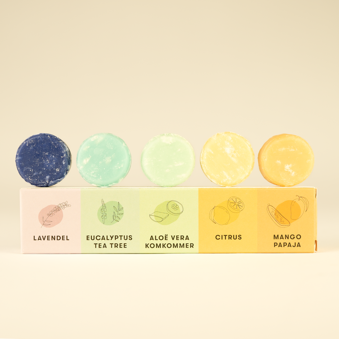 shampoobars proefpakket 5 mini shampoobars plasticvrij vegan zeep cadeau duurzaam cadeau met citrus lavendel eucalyptus tea tree aloë vera mango papaja