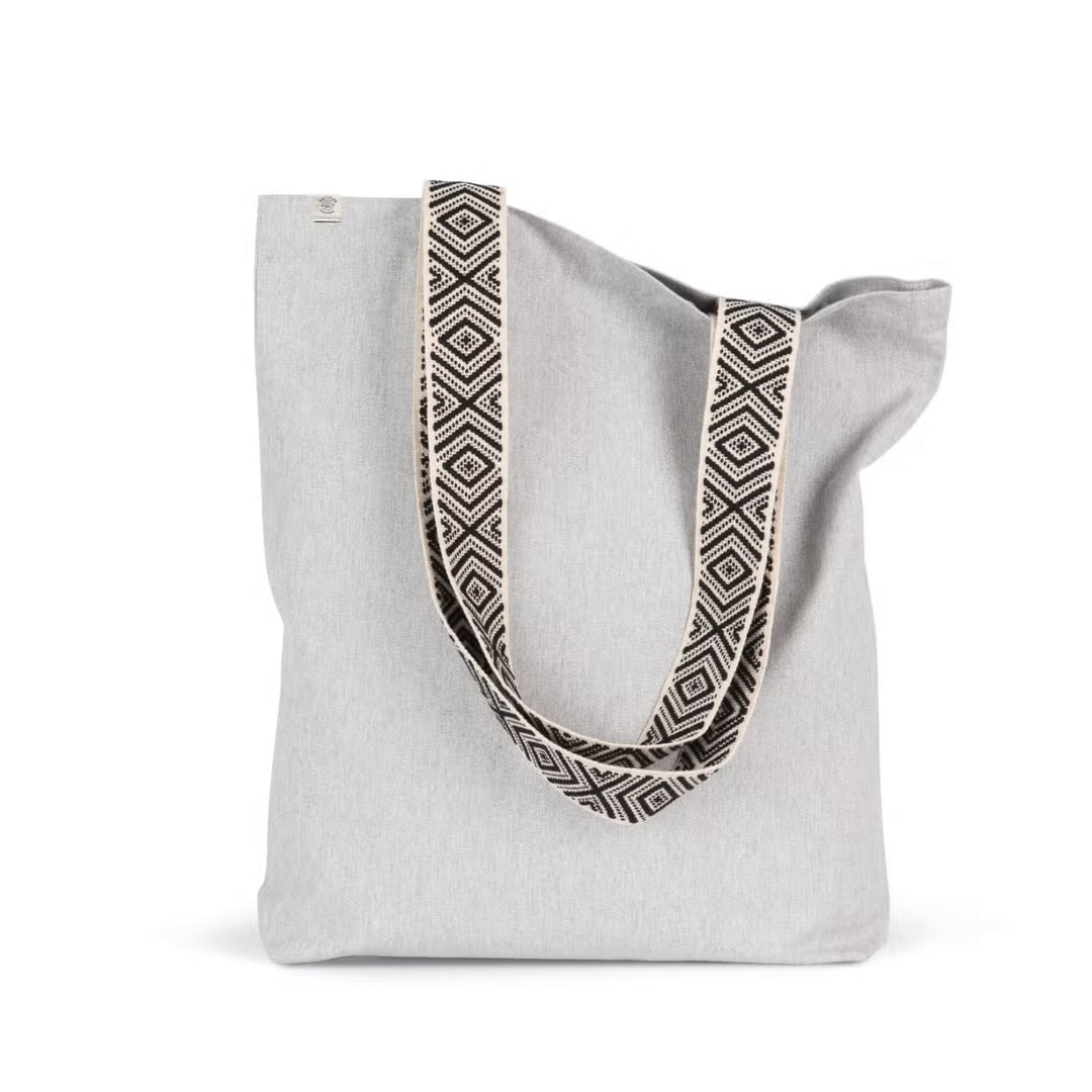 Grijze shopper met zwarte geometrische schouderbanden, shopper met naam (personalisatie mogelijk)