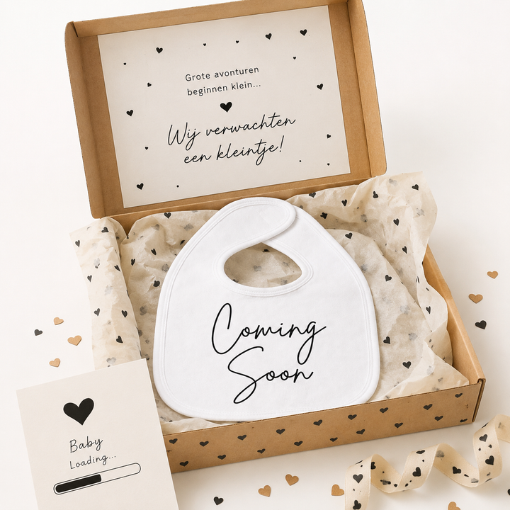 Cadeauset met slabbetje “Coming soon”, schattig brievenbus- of kraamcadeau voor zwangerschapsaankondiging