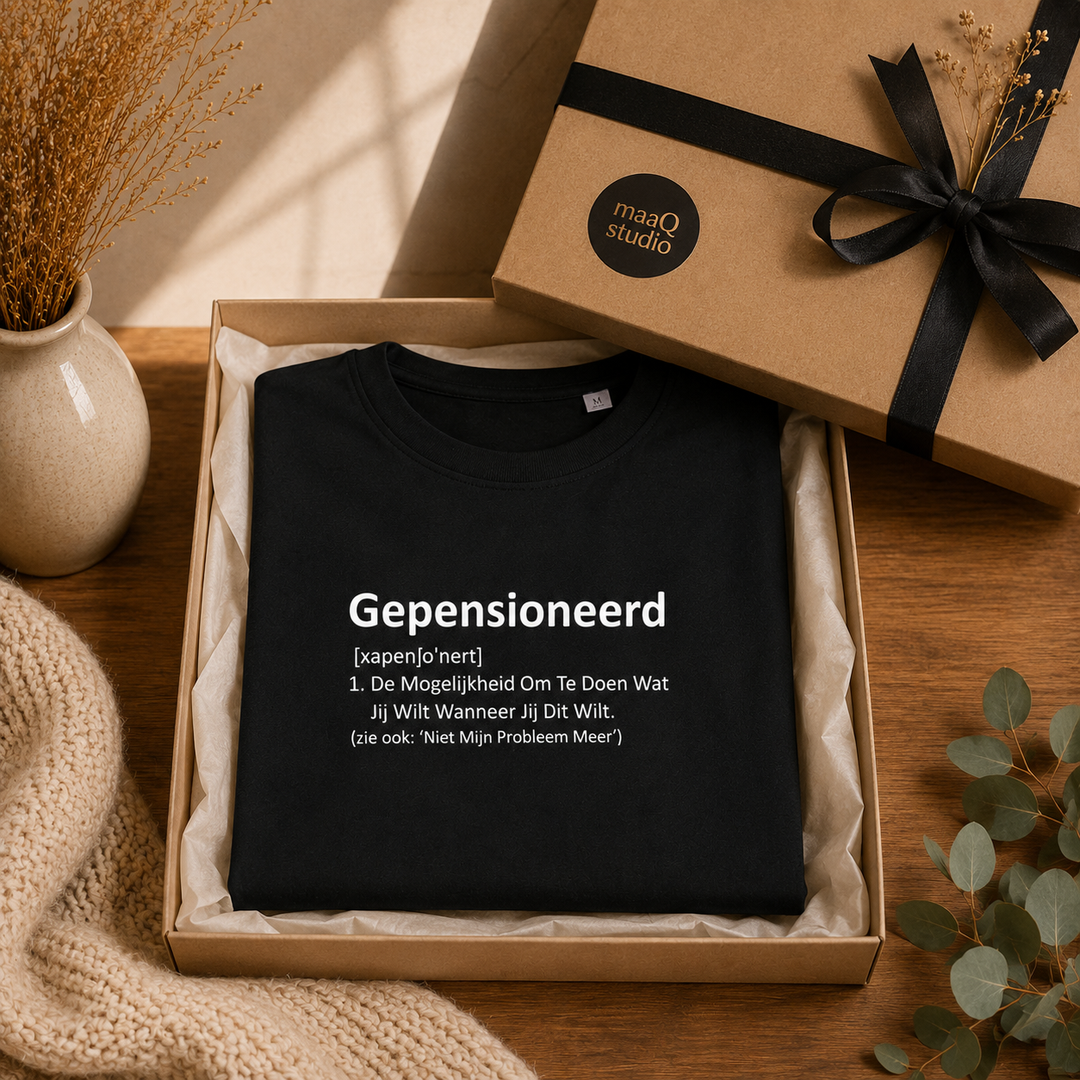 T-shirt Gepensioneerd in cadeauverpakking, origineel pensioen afscheidscadeau voor collega of medewerker