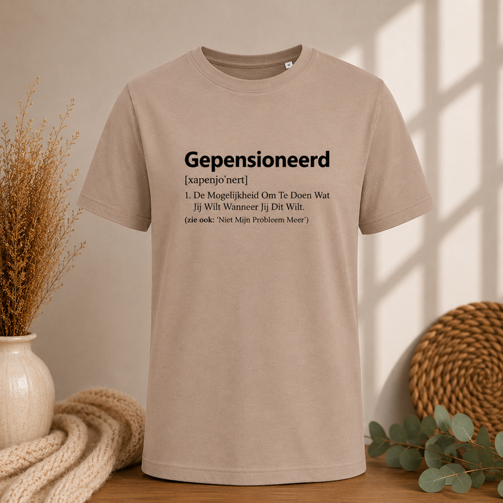 Taupe T-shirt Gepensioneerd, grappig pensioen cadeau voor collega, man of vrouw