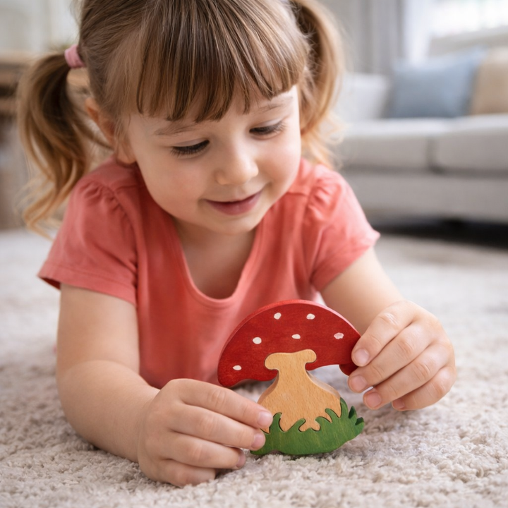 Meisje speelt met houten paddenstoel – duurzaam kinderspeelgoed