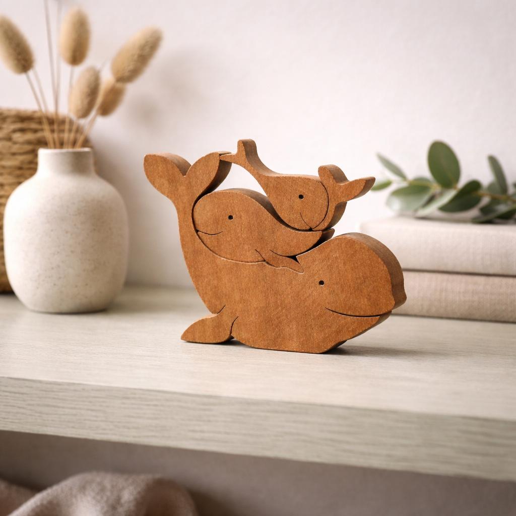 Houten walvisfamilie als babykamerdecoratie met oceaanstijl