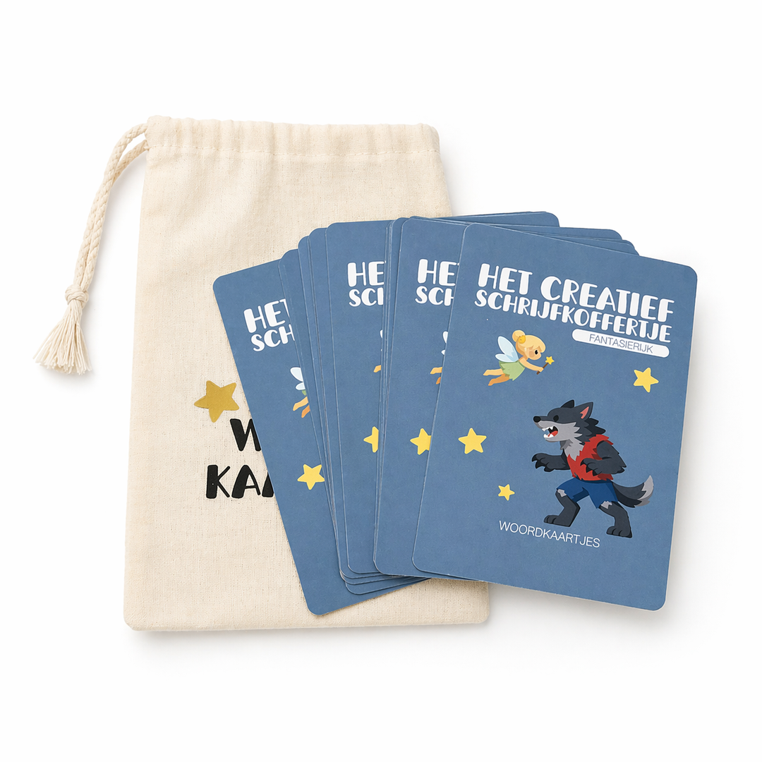 zakje met woordkaartjes uit het educatief schrijfkoffertje taalspel kinderen en creatief schrijven