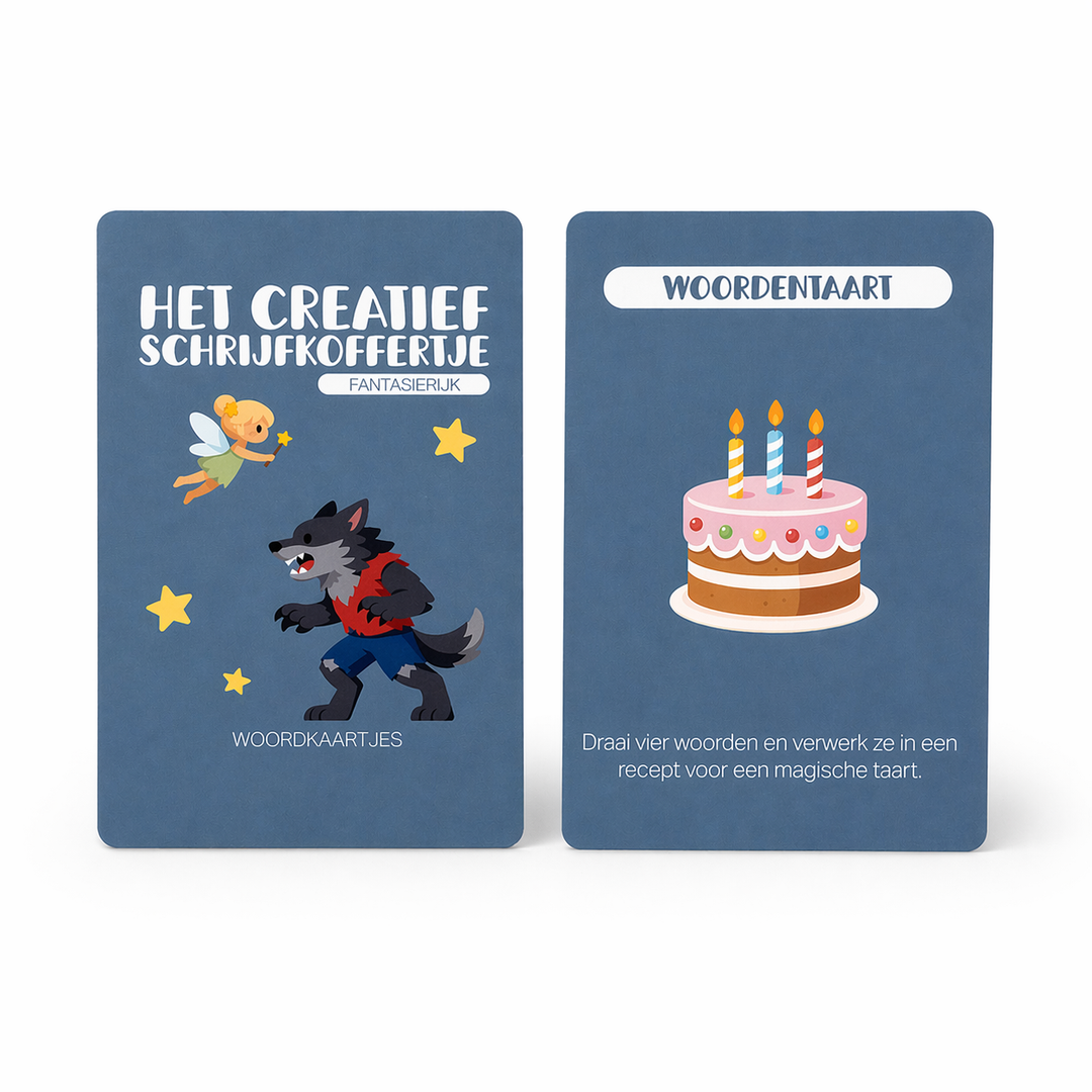 woordkaartjes uit het educatief schrijfkoffertje om woorden te combineren bij creatief schrijven kinderen