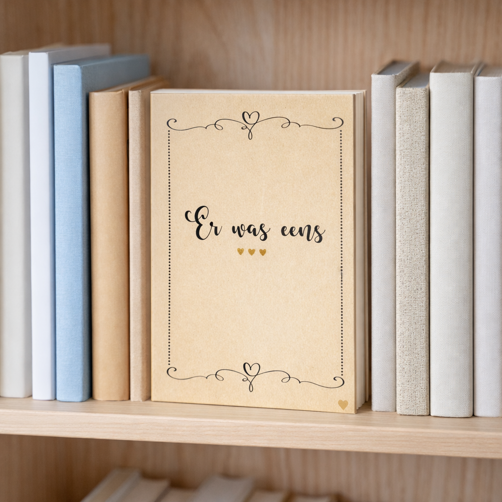 Aankondiging zwangerschap verstopt als boekje ‘Er was eens’ op een plank tussen echte boeken