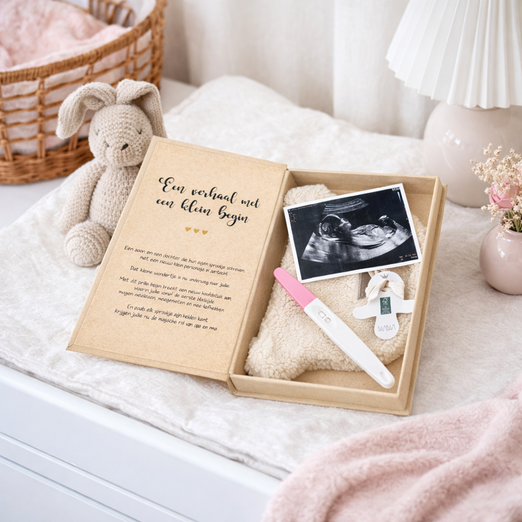 Origineel cadeau zwangerschap aankondigen met echofoto, zwangerschapstest en gedichtje in boekje op commode