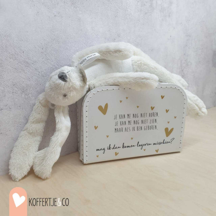 zwangerschapsaankondiging koffertje met knuffel konijn, lief cadeau om te zeggen jullie worden opa en oma